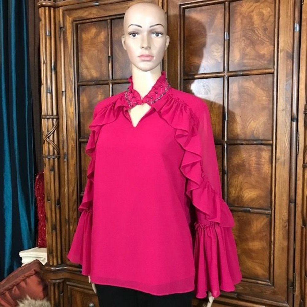 Magenta Ruffle Beaded Collar Poet Sleeve Chiffon … - image 2